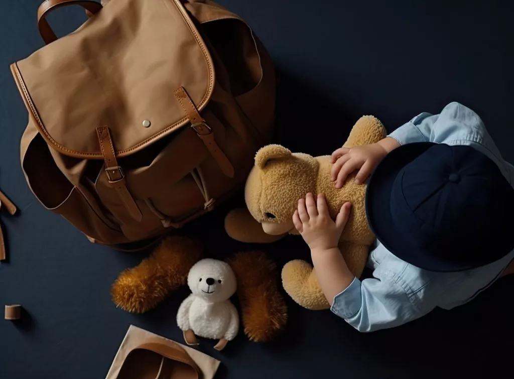 A small child plays with a teddy bear, next to a backpack he is dressed in a white jumper. Childhood. Lifestyle.