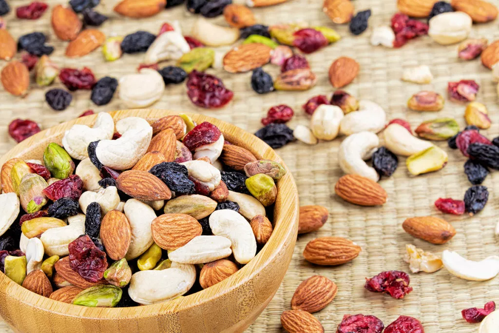Trail Mix of nuts and dried fruits make a great snack food.