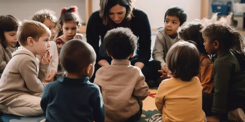 Silver Spring Preschool circle time around the teacher.