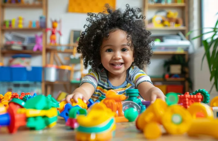 Adorable little girl smiling and playing with toys at Potomac, MD preschool