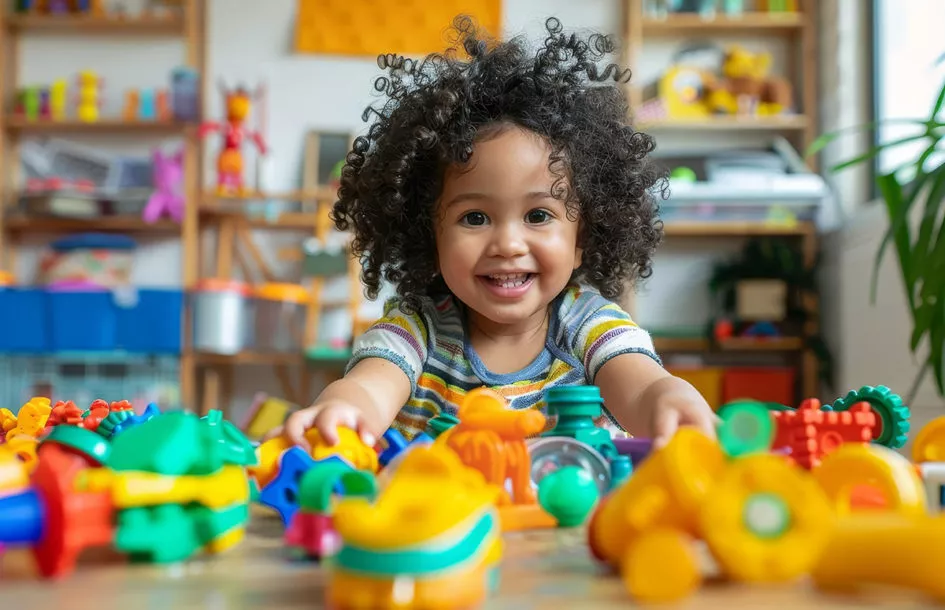 Adorable little girl smiling and playing with toys at Potomac, MD preschool