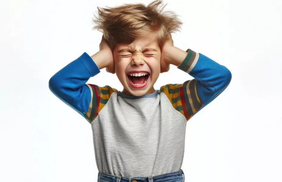 Little boy with eyes closed, screaming while covering his ears Isolated on white background.