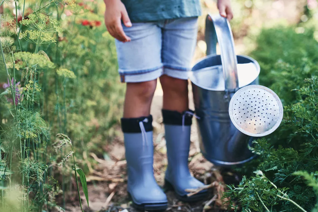 Closeup of child with a watering can in garden as a preschool activity to do at home.