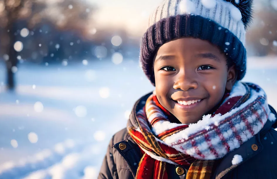 Portrait of a smiling little boy in winter clothes and hat outside on a winter day in Rockville, MD