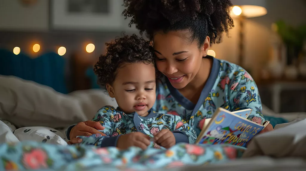 Mother and child in matching pajamas, sharing a bedtime story as part of a healthy bed time routine for preschoolers