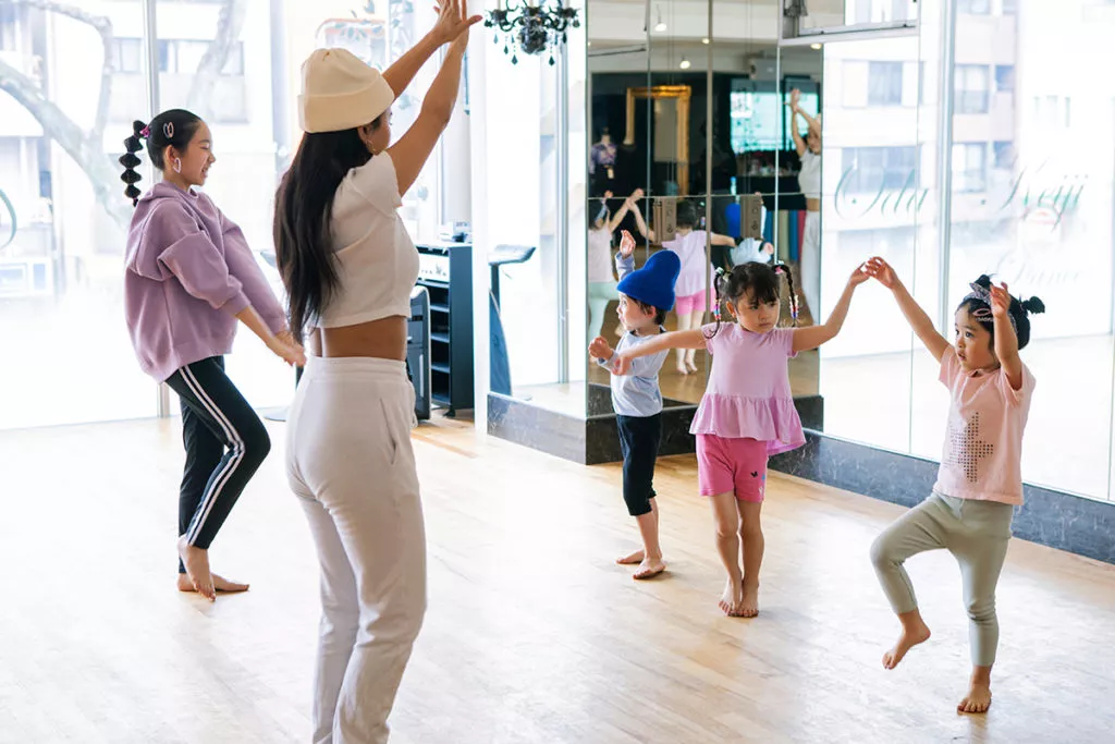 Dance class with instructions and kids in a dance studio.