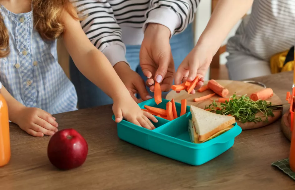 Mother packing school lunch for her little children in kitchen, closeup