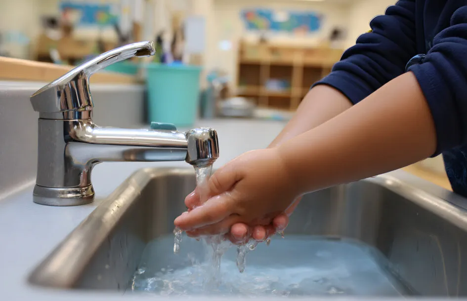 Winter health tips for children: Child washes hands under running water from a faucet.