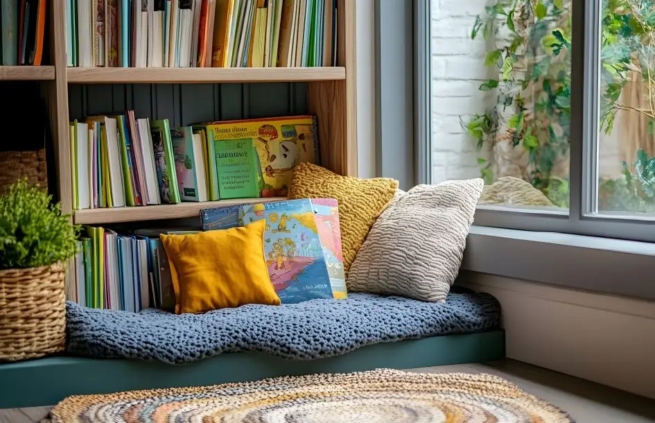 A charming calm corner for kids for reading corner with soft cushions, an array of books, and natural light pouring in.