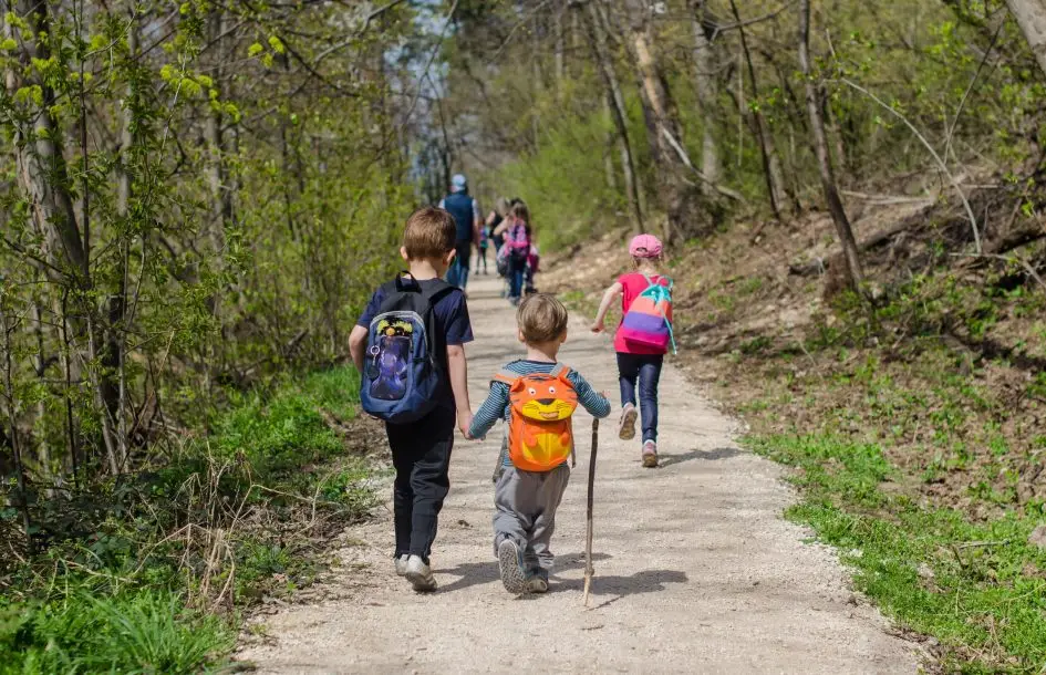 children on a walk for earth day activities, enjoying a nature walk