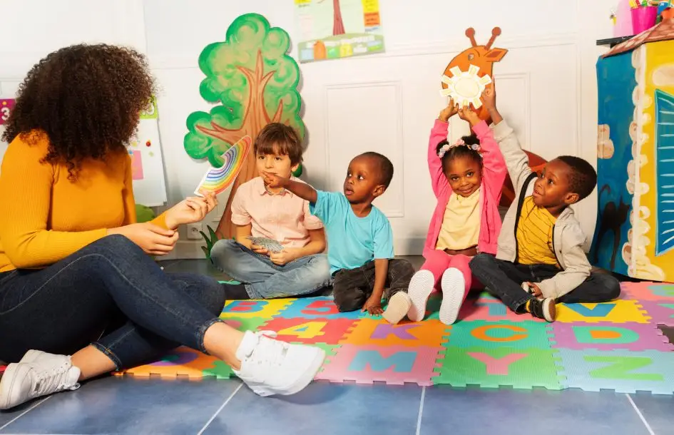 children in a preschool classroom with a teacher building skills from a preschool readiness checklist in Potomac MD classroom