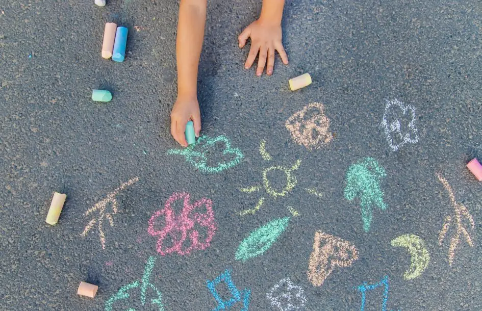 Summer activities for kids: Children's drawings on the asphalt with chalk. Selective focus. nature.