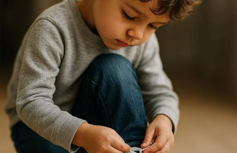 Young boy tying his shoelaces, one of the practical skills for kids to learn at home
